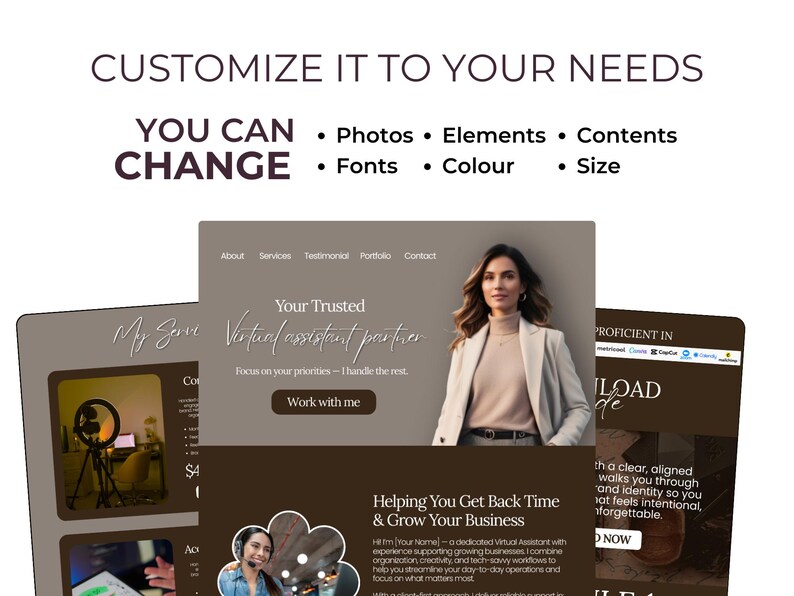 Op de afbeelding: Een digitaal marketingontwerp met de tekst "Pas het aan uw behoeften aan". Het ontwerp bevat een website-mockup met een vrouw in een blazer en de tekst "Uw vertrouwde partner".