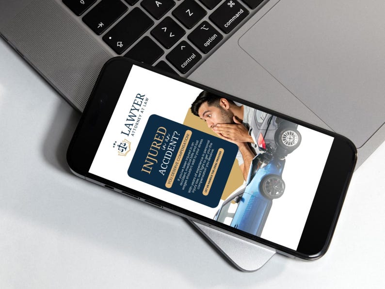 May include: A smartphone displaying a legal advertisement for a lawyer. The ad features a man in a car accident and the text "Injured in an Accident? You deserve compensation."