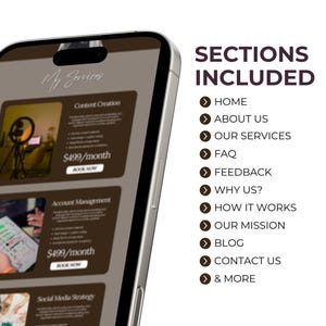 Op de afbeelding: Een smartphonescherm toont een website met service-secties. Het scherm toont "Mijn diensten" met secties voor Content Creatie, Account Management en Social Media Strategie. Extra secties zijn Home, Over ons, Onze diensten, FAQ, Feedback, Waarom wij?, Hoe het werkt, Onze missie, Blog, Contact en Meer.