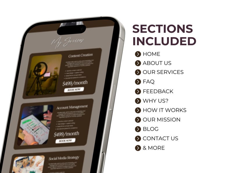 Op de afbeelding: Een smartphonescherm toont een website met service-secties. Het scherm toont "Mijn diensten" met secties voor Content Creatie, Account Management en Social Media Strategie. Extra secties zijn Home, Over ons, Onze diensten, FAQ, Feedback, Waarom wij?, Hoe het werkt, Onze missie, Blog, Contact en Meer.
