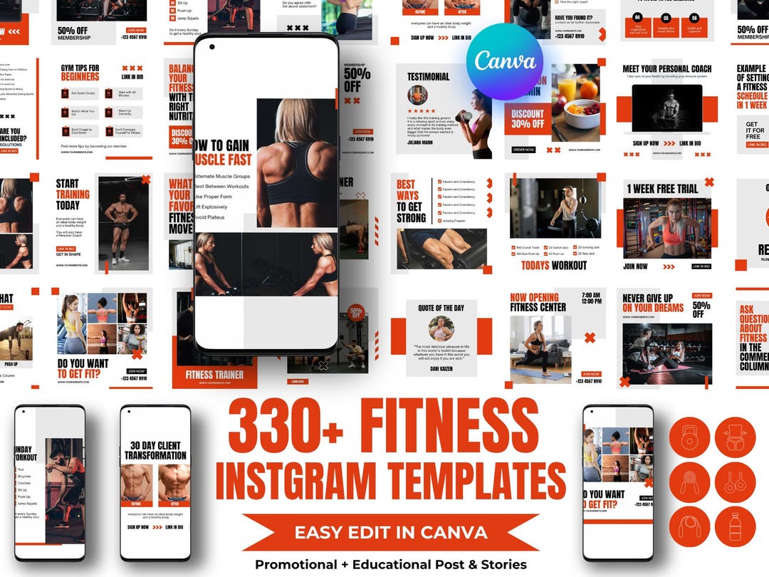 Gym Instagram Templates Bundle: Fitness Social Media Kit (canva ...