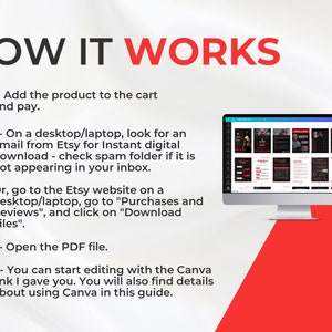 May include: A red and white graphic with the text "HOW IT WORKS" in black. The graphic shows a shopping cart, a cloud with a download arrow, a computer screen displaying a digital product, and a document icon. The graphic provides instructions on how to download and use a digital product purchased on Etsy.