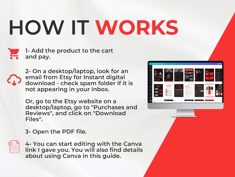 May include: A red and white graphic with the text "HOW IT WORKS" in black. The graphic shows a shopping cart, a cloud with a download arrow, a computer screen displaying a digital product, and a document icon. The graphic provides instructions on how to download and use a digital product purchased on Etsy.