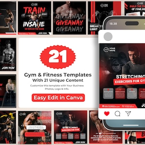 Gym Fitness Instagram Vorlagen: Red Design, Workout Coach (Canva)
