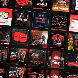 K&ouml;nnte beinhalten: Eine Collage aus motivierenden Fitness-Zitaten und Bildern. Die Bilder zeigen Menschen, die in einem Fitnessstudio trainieren. Die Zitate beinhalten "Train Insane", "Shape Your Body", "You Are Stronger Than You Think" und "30-Day Abs Challenge".