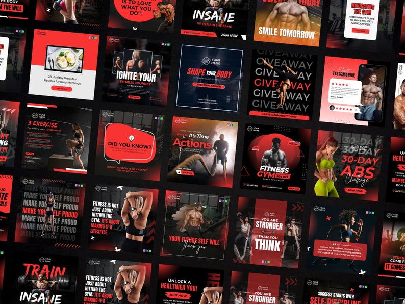 K&ouml;nnte beinhalten: Eine Collage aus motivierenden Fitness-Zitaten und Bildern. Die Bilder zeigen Menschen, die in einem Fitnessstudio trainieren. Die Zitate beinhalten "Train Insane", "Shape Your Body", "You Are Stronger Than You Think" und "30-Day Abs Challenge".