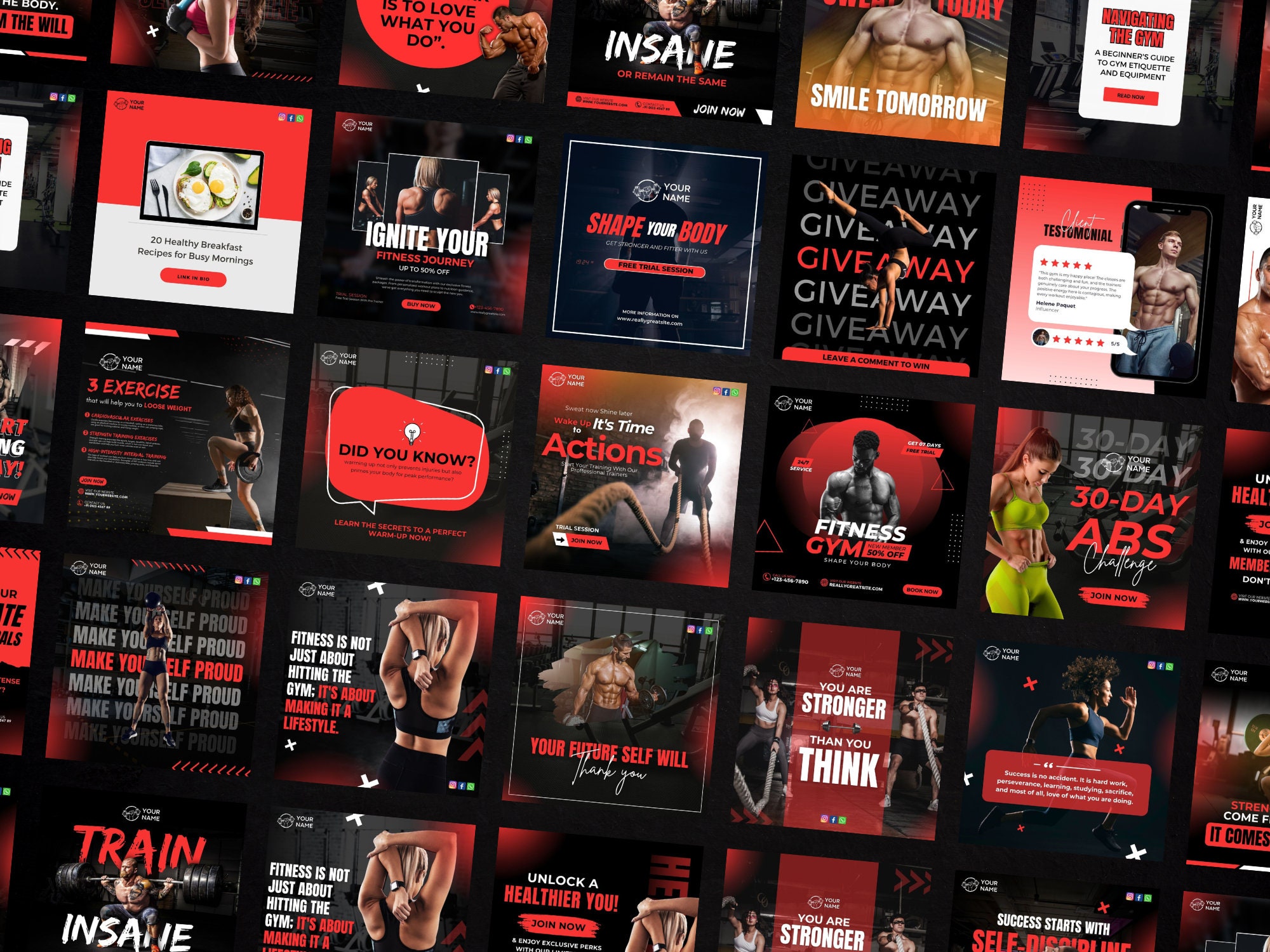Gym Instagram Templates: Fitness Social Media Bundle (canva Editable ...