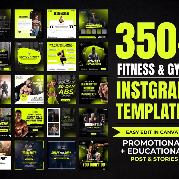 Fitness Instagram Post Templates, Social Media Instagram Fitness Templates Pack, Gym Instagram Template Bundle, Post, Story, Reels