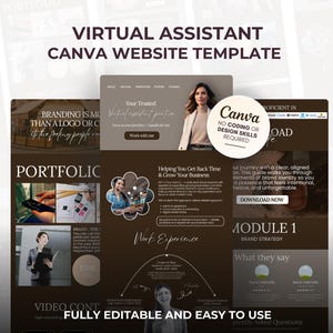 Può includere: Un modello di sito web per assistenti virtuali, progettato in Canva. Il design presenta uno schema di colori marrone e bianco con sezioni per portfolio, strategia del marchio e contenuti video. Il testo include "Assistente Virtuale" e "Completamente modificabile e facile da usare."