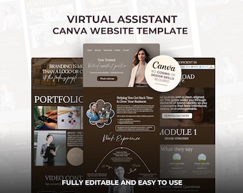 May include: A website template for virtual assistants, designed in Canva. The design features a brown and white color scheme with sections for portfolio, brand strategy, and video content. Text includes "Virtual Assistant" and "Fully Editable and Easy to Use."