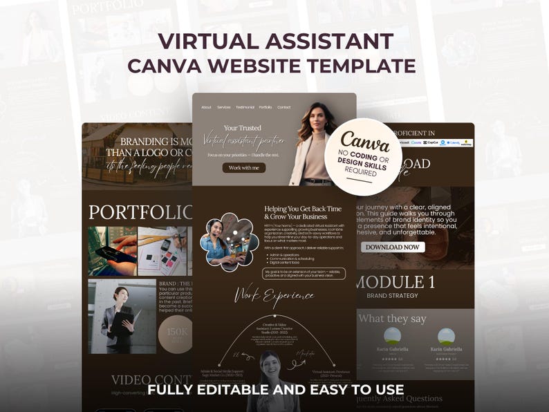 Op de afbeelding: Een website sjabloon voor virtuele assistenten, ontworpen in Canva. Het ontwerp heeft een bruin en wit kleurenschema met secties voor portfolio, merkstrategie en video-inhoud. Tekst bevat "Virtuele Assistent" en "Volledig bewerkbaar en gemakkelijk te gebruiken."