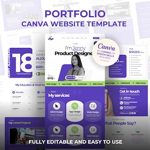 May include: A digital portfolio Canva website template with a purple and white color scheme. The design includes sections for a product designer's work, education, and contact information. Text includes "Portfolio Canva Website Template" and "Fully Editable and Easy to Use."