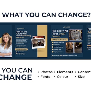 May include: Four blue and gold social media post templates for a law firm. The text on the posts reads "Fighting Criminal Charges? Protect Your Rights!" "Plan for the Future with Estate Planning Services" "We Cover All Your Legal Needs!" and "Need Legal Advice?"