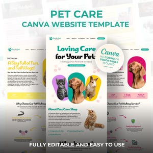 Peut inclure: Modèle de site Web Canva pour les soins aux animaux de compagnie avec le texte « Pet Care Canva Website Template ». La conception comprend des images d'un chat, d'un chien et d'un lapin. Le texte « Loving Care for Your Pet » est également visible.