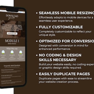 Op de afbeelding: Een smartphone toont een websitegids met de tekst "Download Guide". De gids belicht functies zoals naadloze mobiele resizing, volledige aanpasbaarheid en geoptimaliseerde conversie. De achtergrond is donkerbruin.