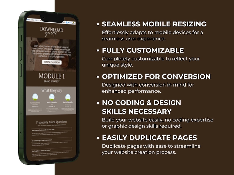 Op de afbeelding: Een smartphone toont een websitegids met de tekst "Download Guide". De gids belicht functies zoals naadloze mobiele resizing, volledige aanpasbaarheid en geoptimaliseerde conversie. De achtergrond is donkerbruin.