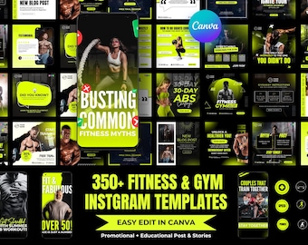 Fitness Instagram Templates: Gym Social Media Bundle (Canva Editable, Digital Download)