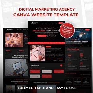Może przedstawiać: Szablon strony internetowej Canva dla agencji marketingu cyfrowego. Projekt ma ciemny motyw z czerwonymi akcentami, prezentując makiety stron internetowych i tekst "Digital Marketing Agency Canva Website Template". W pełni edytowalny i łatwy w użyciu.