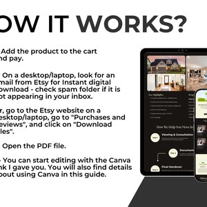 May include: A digital guide titled "HOW IT WORKS?" with instructions for downloading a product from Etsy. The guide is displayed on a tablet and smartphone, with step-by-step instructions and icons. The guide includes instructions on how to download the PDF file.