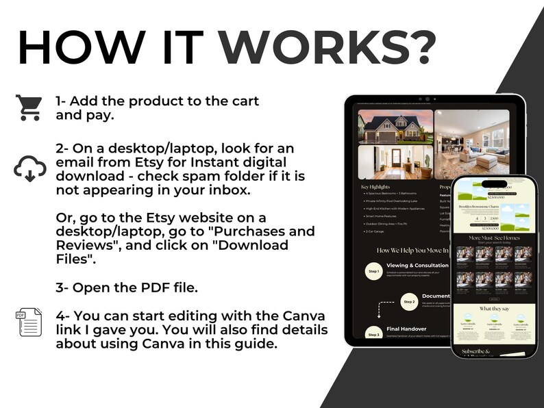 May include: A digital guide titled "HOW IT WORKS?" with instructions for downloading a product from Etsy. The guide is displayed on a tablet and smartphone, with step-by-step instructions and icons. The guide includes instructions on how to download the PDF file.