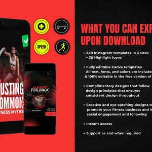 K&ouml;nnte beinhalten: Ein rotes und schwarzes Telefon-Bildschirm-Mockup mit dem Text "Busting Common Fitness Myths" und "Exercises for Back". Der Telefonbildschirm ist von roten und wei&szlig;en Symbolen mit einem Pluszeichen, einer Hantel, einem H&auml;kchen, dem Wort "Speed" und einer laufenden Person umgeben.