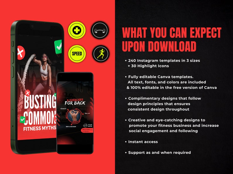K&ouml;nnte beinhalten: Ein rotes und schwarzes Telefon-Bildschirm-Mockup mit dem Text "Busting Common Fitness Myths" und "Exercises for Back". Der Telefonbildschirm ist von roten und wei&szlig;en Symbolen mit einem Pluszeichen, einer Hantel, einem H&auml;kchen, dem Wort "Speed" und einer laufenden Person umgeben.