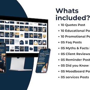 May include: A computer screen displaying a grid of social media post templates for a lawyer. The templates are in a dark blue and gold color scheme. The text on the screen says "Facing Criminal Charges? Protect Your Rights!" and "Need Legal Advice?" The text on the right side of the image says "Whats included?" and lists the types of posts included in the template pack.
