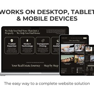 May include: A laptop, tablet, and smartphone displaying a website interface. The devices showcase a real estate website with the text "WORKS ON DESKTOP, TABLET & MOBILE DEVICES" and "The easy way to a complete website solution."