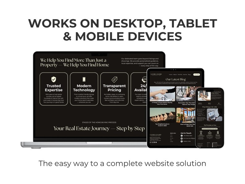 May include: A laptop, tablet, and smartphone displaying a website interface. The devices showcase a real estate website with the text "WORKS ON DESKTOP, TABLET & MOBILE DEVICES" and "The easy way to a complete website solution."