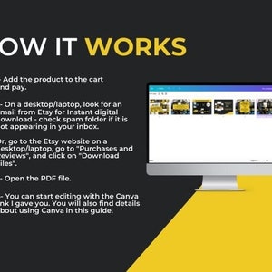 May include: A yellow and black graphic with the text "HOW IT WORKS" and four numbered steps on how to download and use a digital product. The steps include adding the product to the cart, downloading the file, opening the PDF file, and editing with Canva.