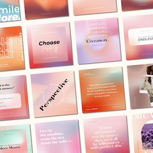 May include: A collection of square social media graphics with a soft, blurred gradient background in shades of pink, orange, and purple. Some squares feature text like "Choose Positivity" and "Perspective."