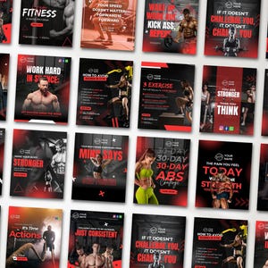 Könnte beinhalten: Eine Sammlung von fünfundzwanzig Social-Media-Vorlagen zum Thema Fitness mit dunklen Hintergründen, roten Akzenten, fettgedruckten Motivationssprüchen und Bildern von Personen beim Training in einem Fitnessstudio.
