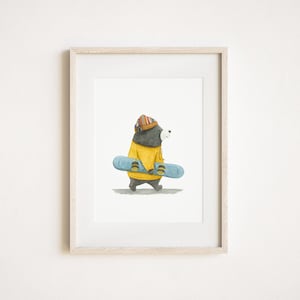 Buttons, the Bear | Kinderzimmer Abenteuer Print | Aquarell Kunstdruck | Snowboard | Poster Kunst | Adventure Illustration | Tier | Action