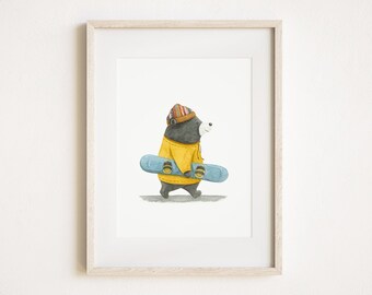 Buttons, the Bear | Nursery Adventure Print | Watercolor Art Print | Snowboard | Poster Art | Adventure Illustration | Animal | Action
