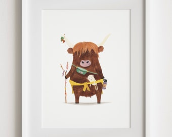 Hanni, the Highland cow | Nursery adventure print | Watercolor art print | Hiking | Poster art | Adventure illustration | Highland cattle