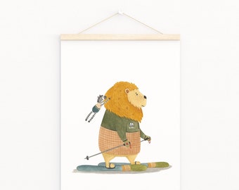 Lio, the Lion | Nursery Adventure Print | Watercolor Art Print | Ski | Poster Art | Adventure Illustration | Lion | Skier | Zebra