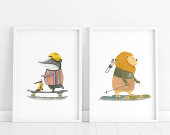 Mix & Match | Set of 2 | Watercolor art print | Adventure | Poster art | Adventure illustration | Animals | Children's room decoration | Mountain sports