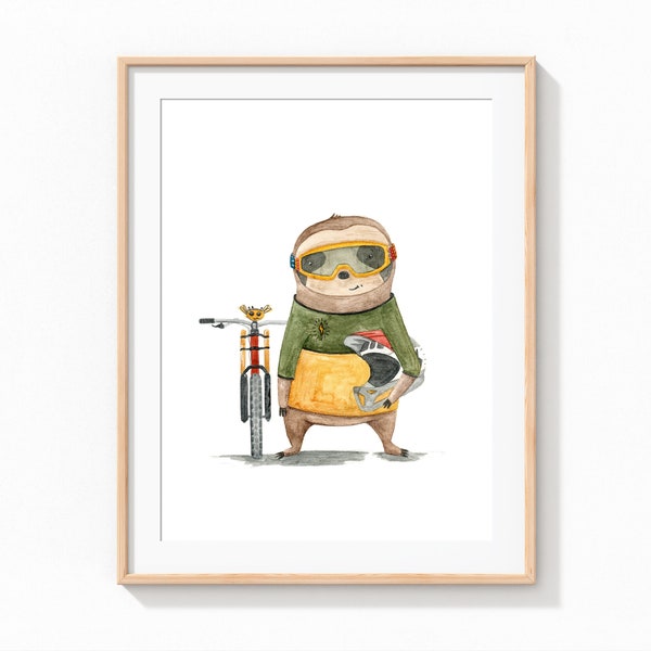 Speedy the Sloth | Nursery Adventure Print | Watercolor Art Print | MTB | Poster Art | Adventure Illustration | animal | mountain bike