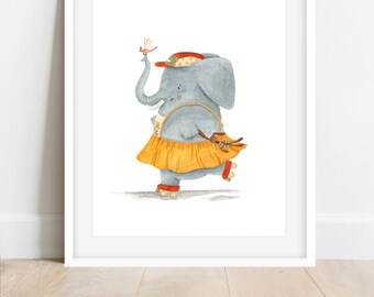 Emma, the Elephant | Nursery Adventure Print | Watercolor Art Print | Roller Skate | Poster Art | Adventure Illustration | Animal | Action