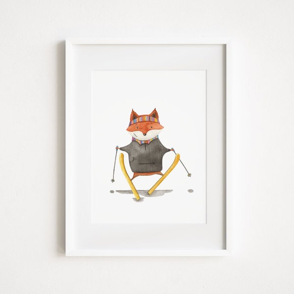 Finn, the Fox | Nursery Adventure Print | Watercolor Art Print | Skis | Poster Art | Adventure Illustration | Decoration | Action sports