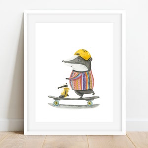 Bee, the Badger | Kinderzimmer Abenteuer Print | Aquarell Kunstdruck | Skateboard | Poster Kunst | Adventure Illustration | Actionsport