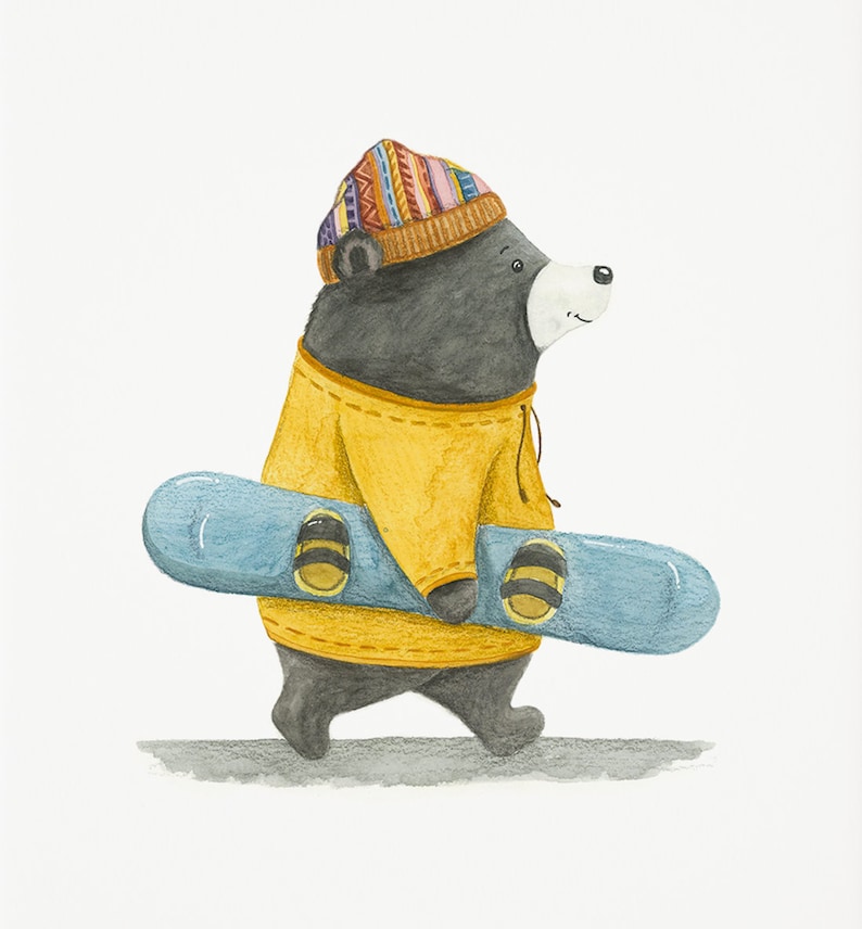 Buttons, the Bear Nursery Adventure Print Watercolor Art Print Snowboard Poster Art Adventure Illustration Animal Action image 2