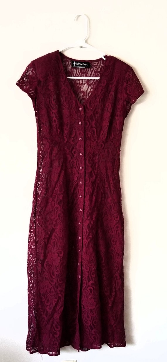 1980's Burgundy Sheer Lace Ankle Length Button Fro