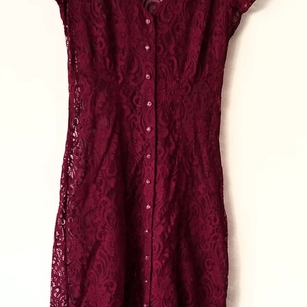 1980's Burgundy Sheer Lace Ankle Length Button Front Dress