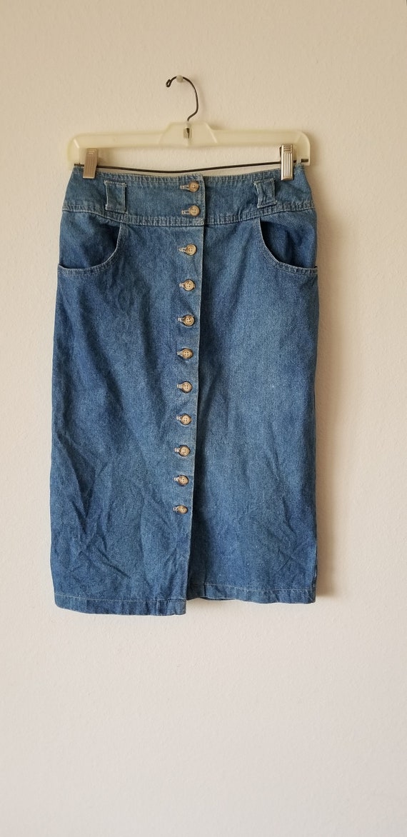 1990's Button Front Fitted Denim Midi Skirt Size 8