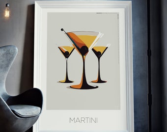 Digital Download Martini Cocktail Poster Wall Art. Mid-Century, Modern Cocktail Illustration of Martini Printable Poster.