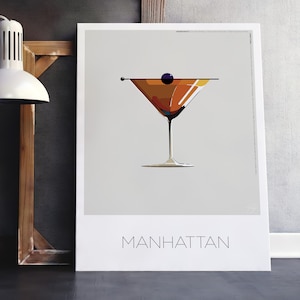 Póster de cóctel de Manhattan para pared, descarga digital. Ilustración de cóctel de Manhattan de mediados de siglo, póster imprimible.