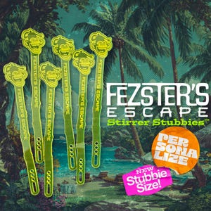 May include: A collection of neon green cocktail stirrers with monkey face designs, labeled "Fezster's Escape." The image includes the text "Stirrer Stubbies," "Personalize," and "New Stubbie Size!" against a tropical background.