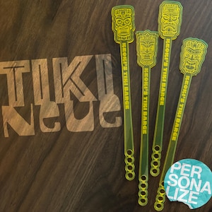 Personalized Tiki Swizzle Sticks: Engraved Acrylic Cocktail Stirrers, Set of 4