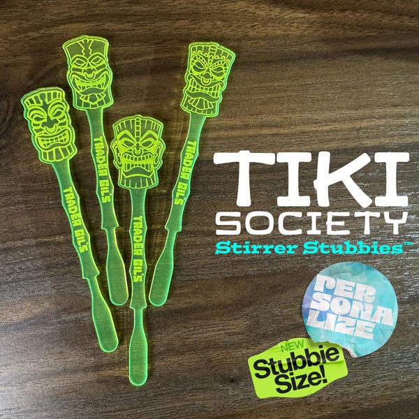 Tiki Society Stubbie Swizzle Sticks personnalisés (Ensemble de 4) | Agitateurs de boissons Tiki Bar personnalisés